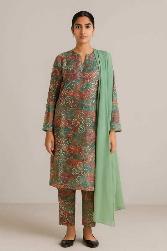 Elegant Green & Rust Printed Lawn Suit